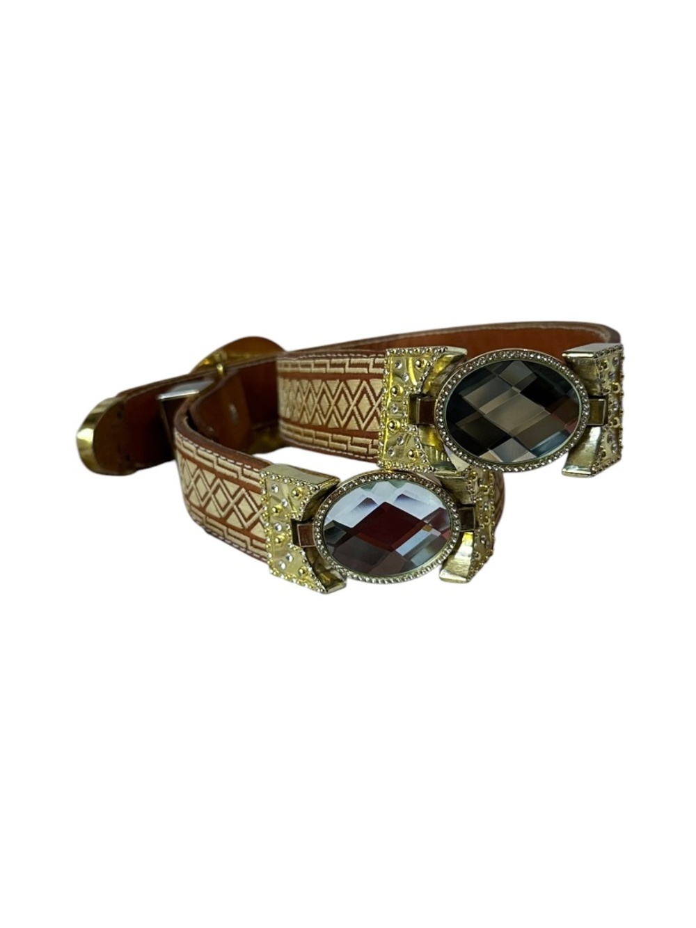 Vintage Piteado Leather Western Belt Gold Buckle Geometric Rhinestone Design 42